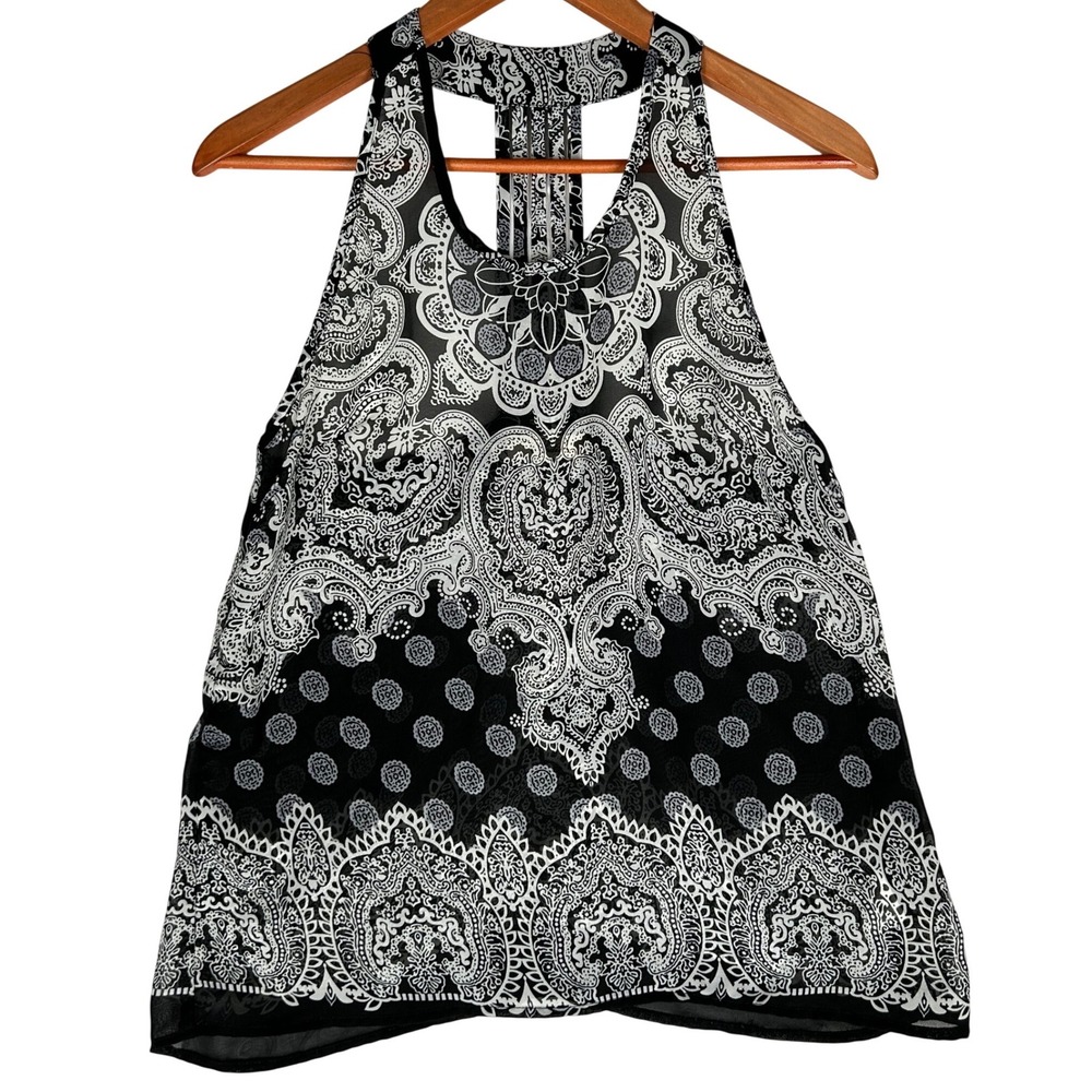 Elodie Black White Print Strappy Backless Halter Style Blouse Women's Size Small